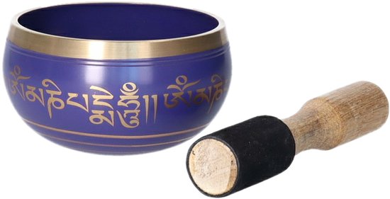 Gerimport Tibetaanse klankschaal met oosterse print - paars - met aanstrijkhout - messing - D12 x H7 cm - yoga/meditatie van Merkloos