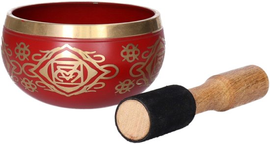 Gerimport Tibetaanse klankschaal met oosterse print - rood - met aanstrijkhout - messing - D12 x H7 cm - yoga/meditatie van Gerimport