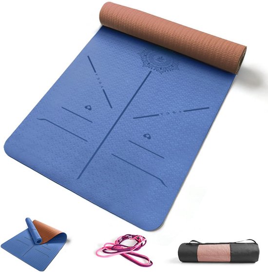 Gevoerde antislip yogamat voor fitness en pilates met draagtas - 183 x 68 x 0,8 cm