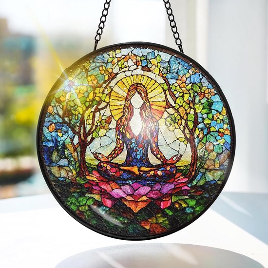 Glas-in-lood Suncatcher Yoga Ontwerp voor Raamdecoratie - 20x20 cm Hangend Vormgegeven Glas Kunstwerk
