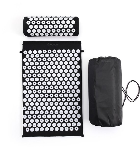 Gloovon® - Spijkermat met Kussen - Acupressuur Mat - Massage Mat - Lotusbloem - Incl. Draagtas - 68x42x2 cm - Zwart
