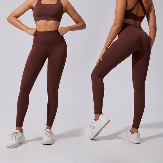Gloovon® - Sportlegging dames - Sportkleding dames - Shape legging - Hoge taille - Sportbroek dames - Geschikt voor fitness en yoga - yoga legging dames - Hardloopbroek dames - Maat L - Chocoladebruin van Merkloos