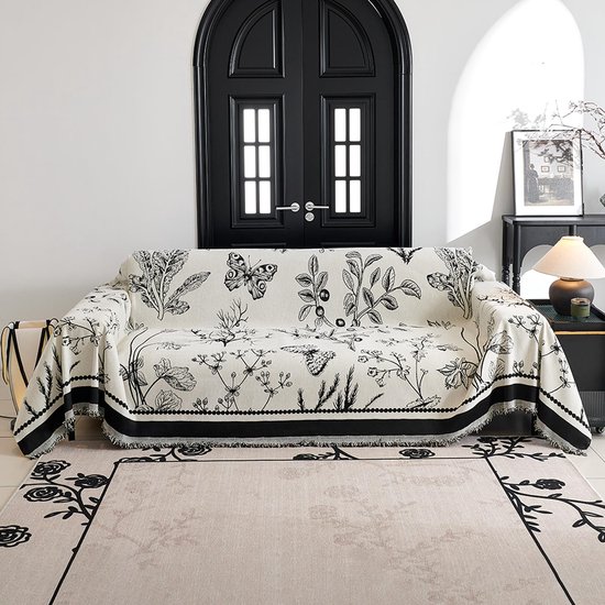 Gooien, Chenille Bankgooien met Kwastjes, Multifunctionele Deken, Jacquard Gestreepte Spreien voor Bank, Fauteuil Bedden 180 * 180cm - Zwart