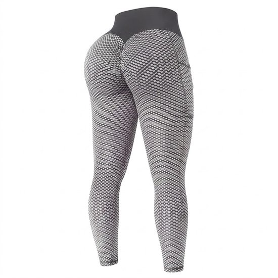 Grijs sport legging dames – high waist fitness legging met honingraat patroon – elastische yoga legging met zijzakken – aansluitende sport broek voor fitness yoga hardlopen en training – maat S van Merkloos