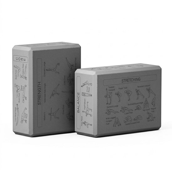 Grijze Pilates blokken yoga blokken set unisex 2 delig EVA schuim antislip yogablokken met yogahouding gids op 6 zijden afgeschuinde randen voor yoga pilates meditatie stretching en balans