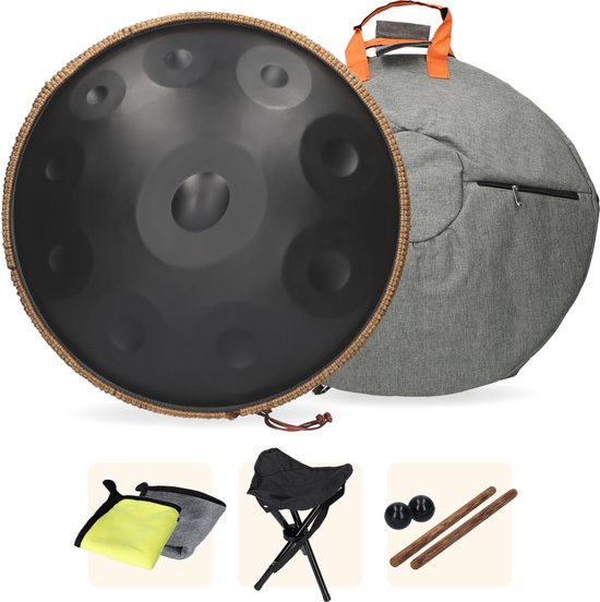 Grote Handpan - XXL handpan met standaard, 2 drumstokken, draagtas en schoonmaakdoekje! - Muziek instrument - Handpan met 10 noten - 22 inch / 56 cm - Zwart van Vigioi