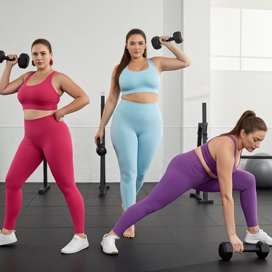 Grote maat sport legging fuchsia XXXL, set met sport BH