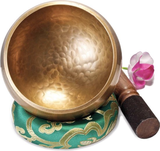 Grote Originele Tibetaanse Klankschaal – 13cm. Klankschaal Set met Klepel en Klankschaalkussen in Lokta Papieren Geschenkdoos. Singing Bowl uit Tibet van Merkloos