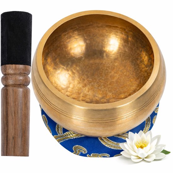 Grote Tibetaanse Klankschaal - Blauw - Klank schaal set uit Tibet - 11 cm - Inclusief Aanstrijkhout & Kussen - Meditatie, Yoga, Chakra - Klankschaalset - Singing bowl geschenkset met klopper van Merkloos