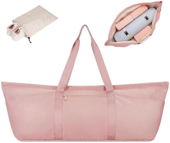 Grote yogamattas met schoenenvak en vakje voor vochtige doekjes, Pilates fitnesstas voor dames, met bevestigingsriem voor de yogamat, unisex, opbergtas voor fitnessapparatuur - roze van Merkloos
