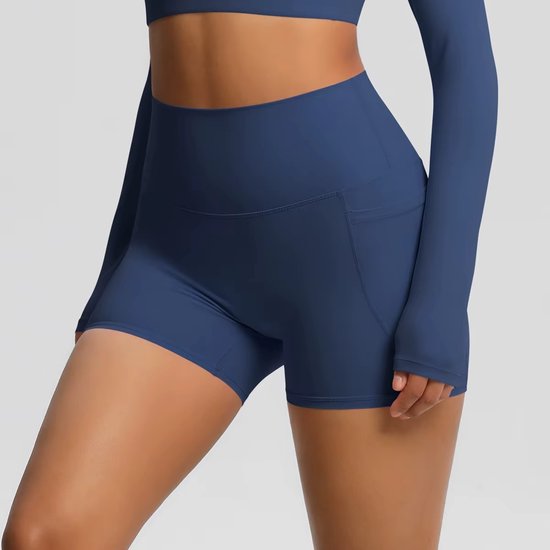 Gym Revolution – Korte Sportlegging dames – Sportbroek dames met zakje – Sportkleding dames – Yoga short dames – Hardloopbroek dames kort – High waist sportlegging – Fitness legging dames – Gym short dames – Navy blue - Maat L van Gym Revolution