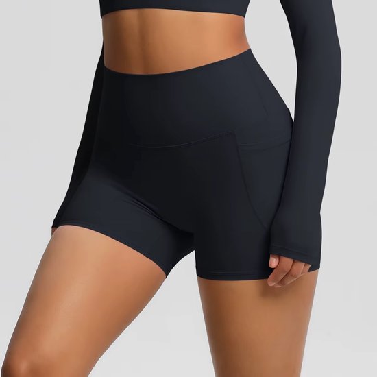 Gym Revolution – Korte Sportlegging dames – Sportbroek dames met zakje – Sportkleding dames – Yoga short dames – Hardloopbroek dames kort – High waist sportlegging – Fitness legging dames – Gym short dames – Zwart - Maat L van Gym Revolution