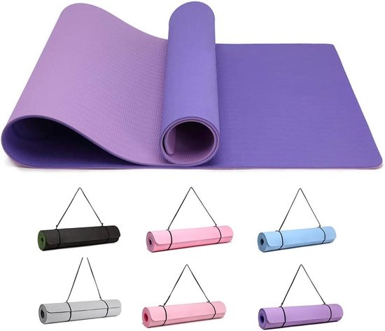 Gymnastiekmat - yoga fitnessmat antislip trainingsmat pilates mat met draagriem - 183 x 61 x 06 cm (donkerpaars/lichtpaars)