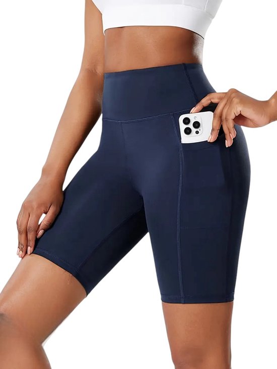 Half Lange Pocket Short - Hoge Taille - Fietsbroek - Sportbroek - Met Zakken - Ademend - Rekbaar - Vochtafvoerend - Perfect voor Sport & Workouts - Donkerblauw - Blauw - Maat S van Merkloos