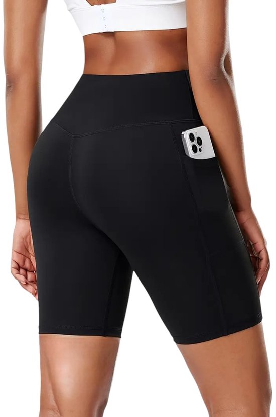Half Lange Pocket Short - Hoge Taille - Fietsbroek - Sportbroek - Met Zakken - Ademend - Rekbaar - Vochtafvoerend - Perfect voor Sport & Workouts - Zwart - Maat S van Love.