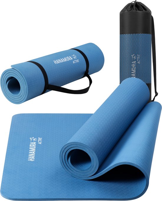 Hanamura Active Yoga Mat - Inclusief draagbare Opbergtas & strap - Fitnessmat van TPE Materiaal - Milieuvriendelijke Fitness Mat - 183x61 - Pilates Mat van 8 mm dik - Blauw van Merkloos