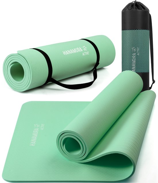Hanamura Active Yoga Mat - Inclusief draagbare Opbergtas & strap - Fitnessmat van TPE Materiaal - Milieuvriendelijke Fitness Mat - 183x61 - Pilates Mat van 8 mm dik - Mintgroen