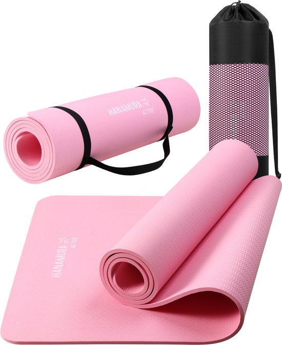 Hanamura Active Yoga Mat - Inclusief draagbare Opbergtas & strap - Fitnessmat van TPE Materiaal - Milieuvriendelijke Fitness Mat - 183x61 - Pilates Mat van 8 mm dik - Roze van Hanamura