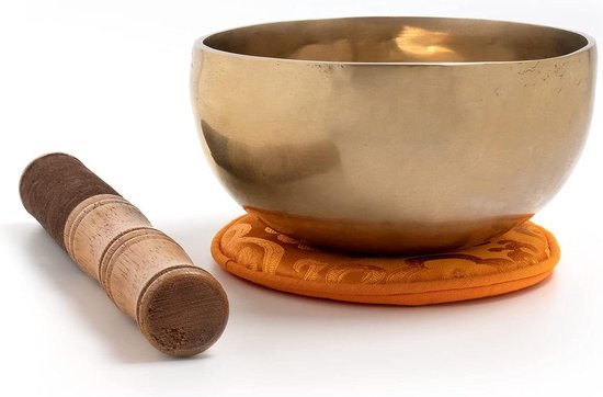Handgehamerde traditionele klankschaal uit Nepal - hartschaal met oranje onderlegger en lotusbloem - inclusief hout-leren klopper - 2112 singing bowl set van Ohm