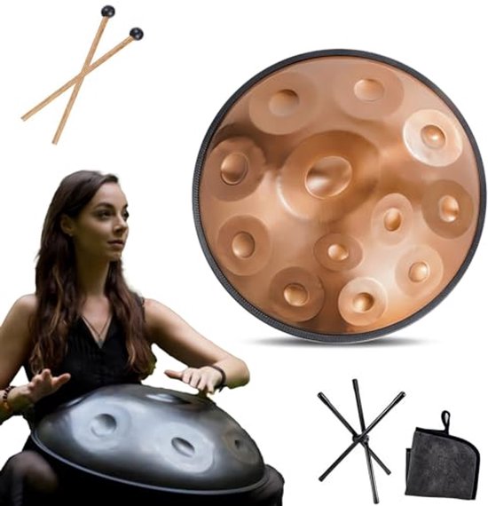 Handpan instrument - 432Hz/440Hz 9/10/ 12 Noten - 55cm Steel Tongue Drum - Hand Pan Drum met Drumhouder voor Klankgenezing (Size : 432Hz, Color : GOLD_12 NOTES) van Merkloos
