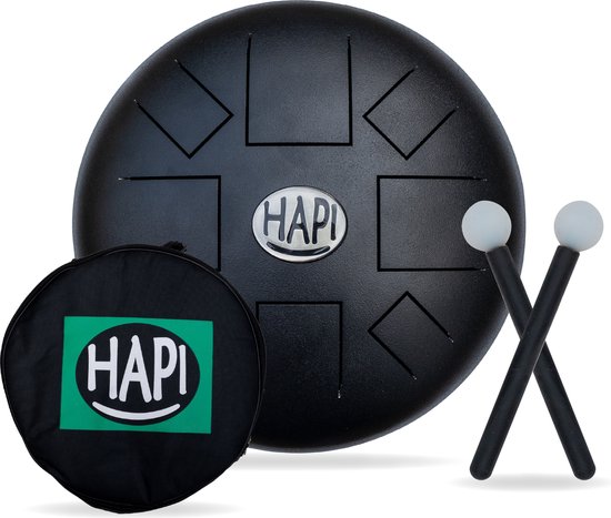 Hapi slim tongue drum® Handpan 30 cm zwart (C-major) incl. tas en 2 stokken - Tongue drum - Klankschaal - 8 noten - Handpan - Tong Drum - Klankschalen - Yoga Drum - Steeldrum - Muziektherapie van Hapi