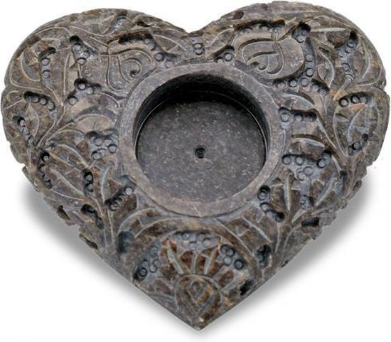 Hartvorm kaars- en wierookhouder zeepsteen grijs - 9x11 cm van Gusta