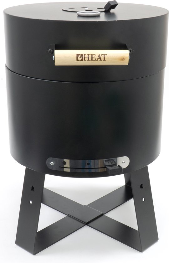 HEAT Houtskool Barbecue - Compacte Draagbare BBQ met Thermometer en Luchtregulatie - Zwart Staal - Inclusief Houten Handvat met Merklogo en Stalen Grillrooster - Ideaal voor Camping, Tuinfeesten en Picknicks - 40x40x57 cm van HEAT