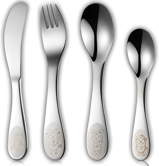 HI NATURE™ Kinder Bestek 4 Delig - Kinderbestek - Kinderbestekset Zilver - Bestekset kinderen - Bestek kinderen - RVS - Zilverwit Edelstaal 18/10 van HI
