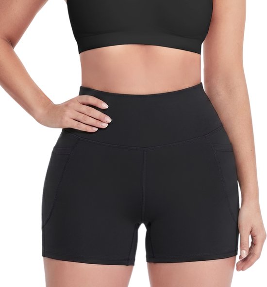 High Waist Fitness Short met Telefoonzak - Maat XL - Zwart - Sport Legging Dames Kort - Sportbroekje Dames - Gym Short - Sportkleding Dames - High Waist - Scrunch Sport short - Fitness Short - Yoga Short - Squat Proof - Shapetape