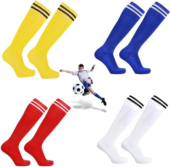Hoge sokken voor kinderen - Voetbalkousen met antislip, ademend - 4 paar - Jongens en meisjes 7-10 jaar - Sportief design in blauw, wit, rood, geel van Merkloos