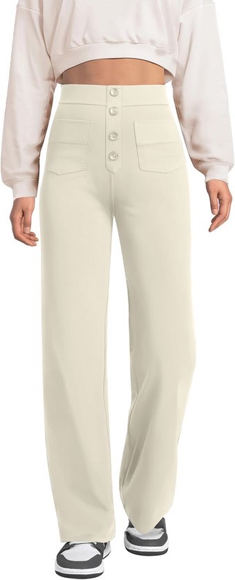 Hoge Taille Sportbroek Dames - Brede Rechtdoor Broek met Zakken en Knoop