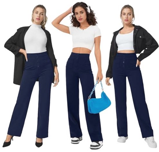 Hoge Taille Sportbroek Dames - Brede Rechte Broek met Knoop en Zakken