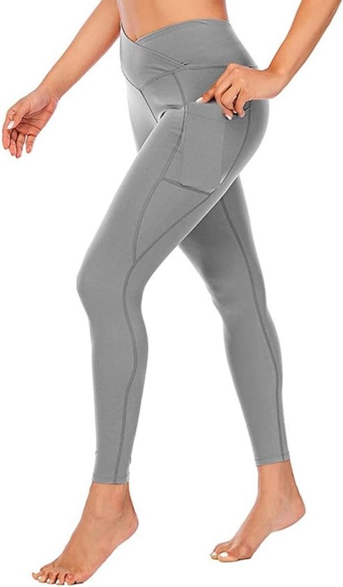 Hoge Taille Yoga Leggings met Zakjes voor Dames - V-Cross Tummy Control Sportleggings in Grijs voor Comfortabele Workout