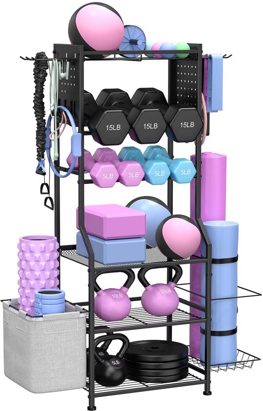 Home Gym Opslag voor Halters Kettlebells Yoga Mat & Krachttraining Apparatuur, Gewichtsrek met Peg Board Organizer, Workout Opslag Gym Organizer Gym Apparatuur Opslag