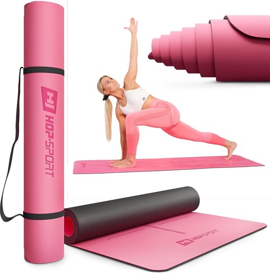 Hop-Sport Yogamat - Duurzame Antislip Pilates- en Gymnastiekmat met Rubbercoating - 183 x 68 cm, 0,5 cm Dikte - Inclusief Draagriem en Body Alignment Lines - Comfortabele Yoga Mat in Roze van Merkloos