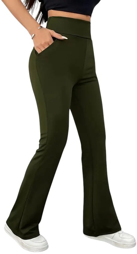 HORIZON Flared Broek met Zakken - Dames Legging - PETIT Pijplengte - Casual Flare Pants - Broek met Zakken - Stijlvol & Sportief - Rekbaar - Zachte stof - Army Green - Maat M van HORIZON