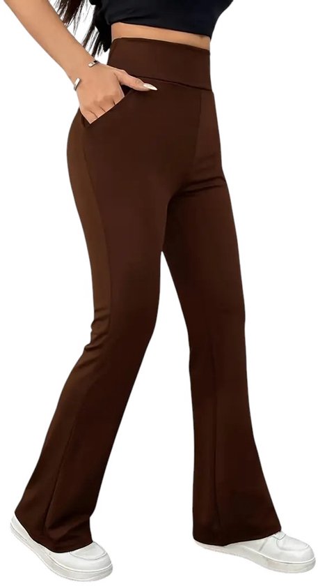 HORIZON Flared Broek met Zakken - Dames Legging - PETIT Pijplengte - Casual Flare Pants - Broek met Zakken - Stijlvol & Sportief - Rekbaar - Zachte stof - Bruin - Maat XXL van Merkloos