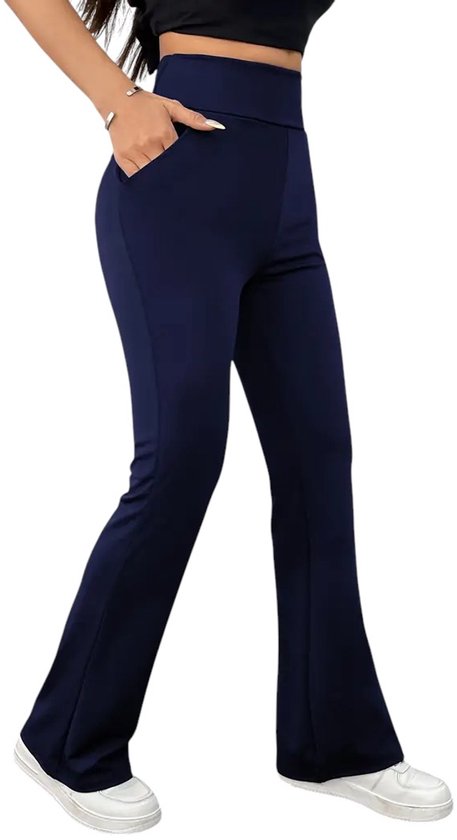 HORIZON Flared Broek met Zakken - Dames Legging - PETIT Pijplengte - Casual Flare Pants - Broek met Zakken - Stijlvol & Sportief - Rekbaar - Zachte stof - Navy Blue - Donkerblauw - Maat S van Merkloos