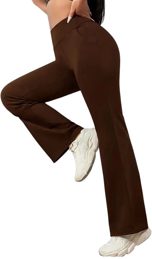 HORIZON Legging Flare Pants - Casual Broek met Zakken - Stijlvol & Sportief - Hoge Taille - Rekbaar - Flared Pocket Pants - PETIT | Let op: Minder geschikt voor lange vrouwen - Bruin - Maat M van Merkloos
