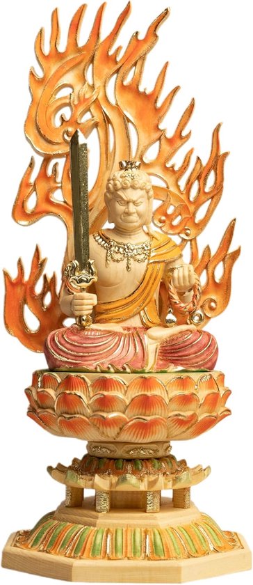 Houten Boeddha Beeld - Acala Fudo Myoo - Spirituele Bescherming - Handgemaakt Met Kleur - Eén maat - Wit van houten