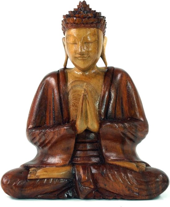 Houten Boeddha Beeld - Boeddhabeeld Handgemaakt - Meditatie en Ontspanning - Uniek Handgesneden Stuk - 20 cm Hoog - Rood van Merkloos