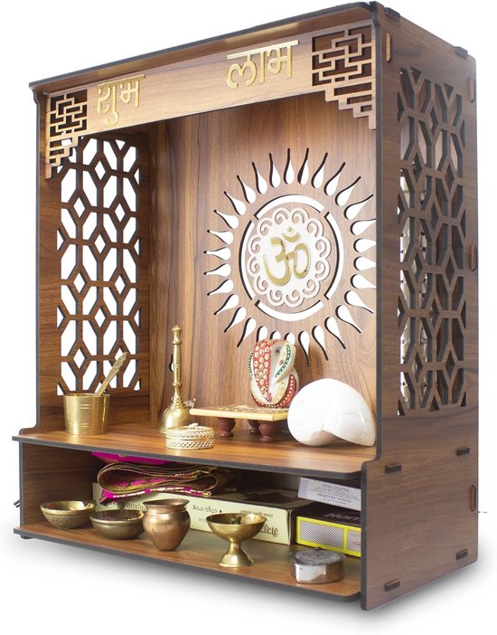Houten Pooja Standaard - Spirituele Decoratie - Thuis Mandir - Nauwkeurig Gemaakt - 40x22x46 cm - Houtkleur van Merkloos