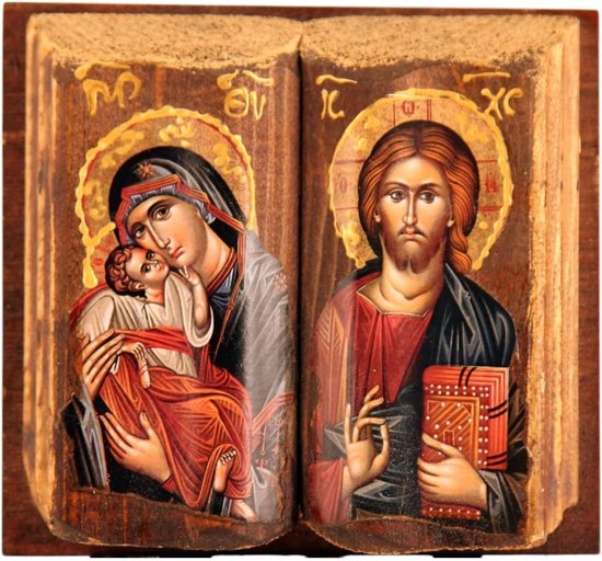 Houten Religieuze Icoon - Christelijke Orthodoxe Kunst - Gebed Meditatie - Handgemaakt Uniek Kunstwerk - 13x13 cm - Meerkleurig
