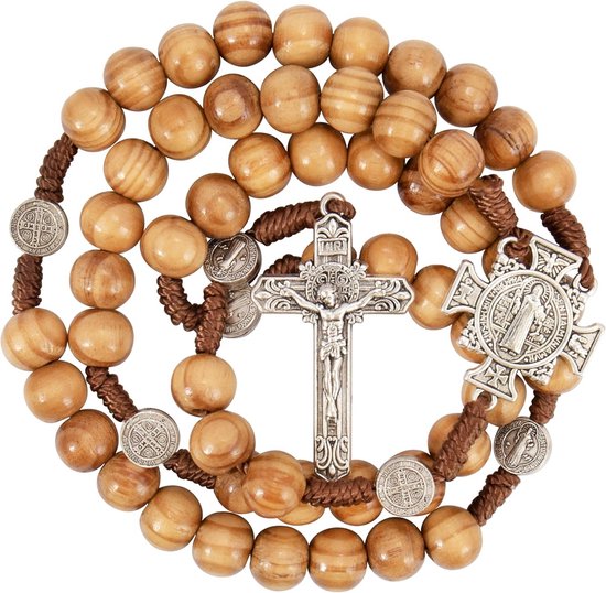 Houten Rozenkrans met St. Benedictus Medaille en Kruisbeeld - Geluk en Bescherming van Merkloos