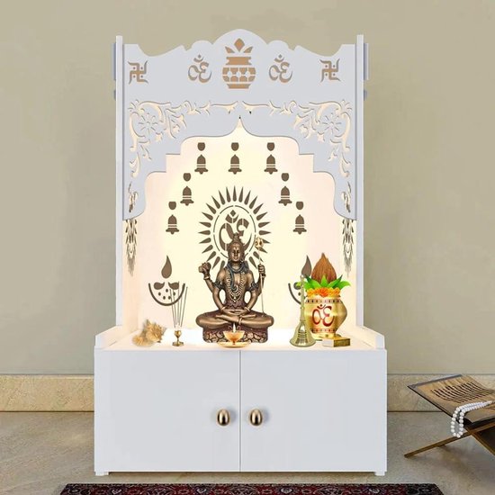Houten tempel thuis - Pooja mandir - Gebedsruimte inrichten - Met focuslicht - 96.5 x 57.1 x 45.7 cm - Wit