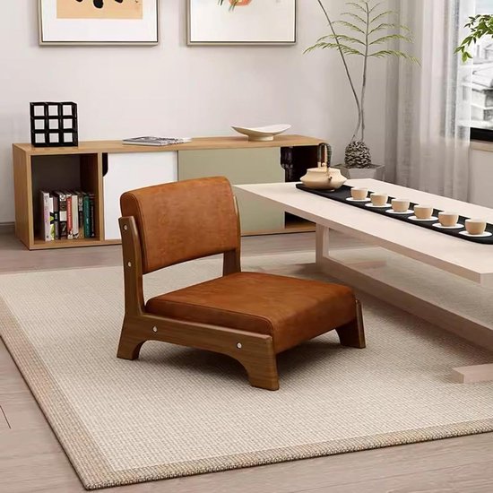 Houten Vloerstoel - Meditatie Stoel - Ontspannen Zitten - Ergonomische Rugleuning - 45x48x36cm - Bruin