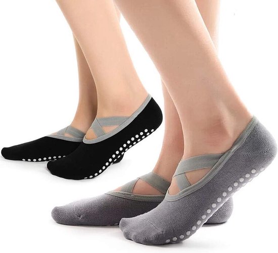Hually Yogahandschoenen Dames: 2 Paar Anti-slip Pilates Sokken met Bandjes