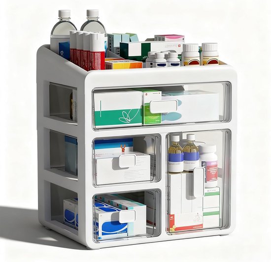 Huisapotheekkast met 4 verdiepingen, medicijnkast-organizer, medische opslag container met transparante lade, medicijnenopslag, voor medicijnen, kleine cosmetica (wit)