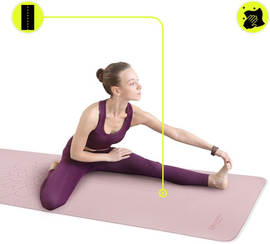 HyperMotion Yogamat TPE 6 mm 183x61 cm met Draagriem - Antislip Fitnessmat voor Yoga, Pilates & Stretching - Roze Lotus