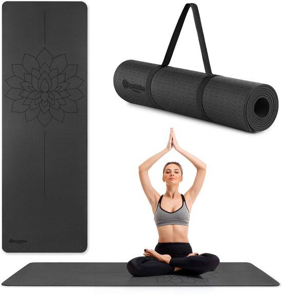 HyperMotion Yogamat TPE 6 mm 183x61 cm met Draagriem - Antislip Fitnessmat voor Yoga, Pilates & Stretching - Zwart Lotus